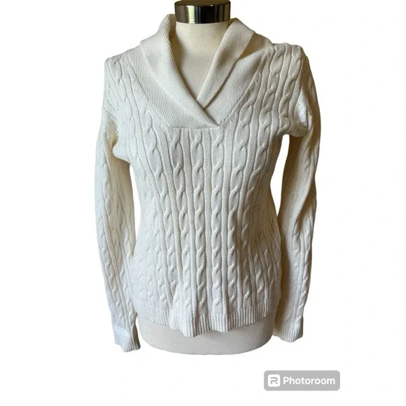 Charter Club Cable Knit Sweater Women Large Ivory Shawl Collar Preppy Classic - Picture 1 of 7